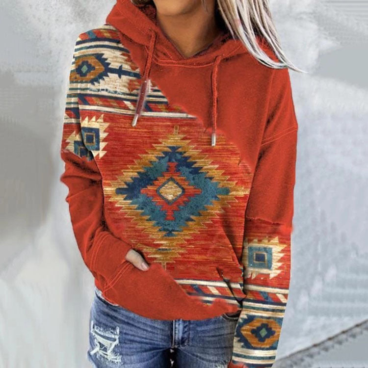 Damen Hoodie mit geometrischem Druck, Kordelzug und Kängurutasche