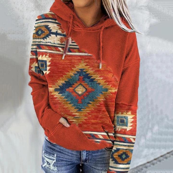 Damen Hoodie mit geometrischem Druck, Kordelzug und Kängurutasche