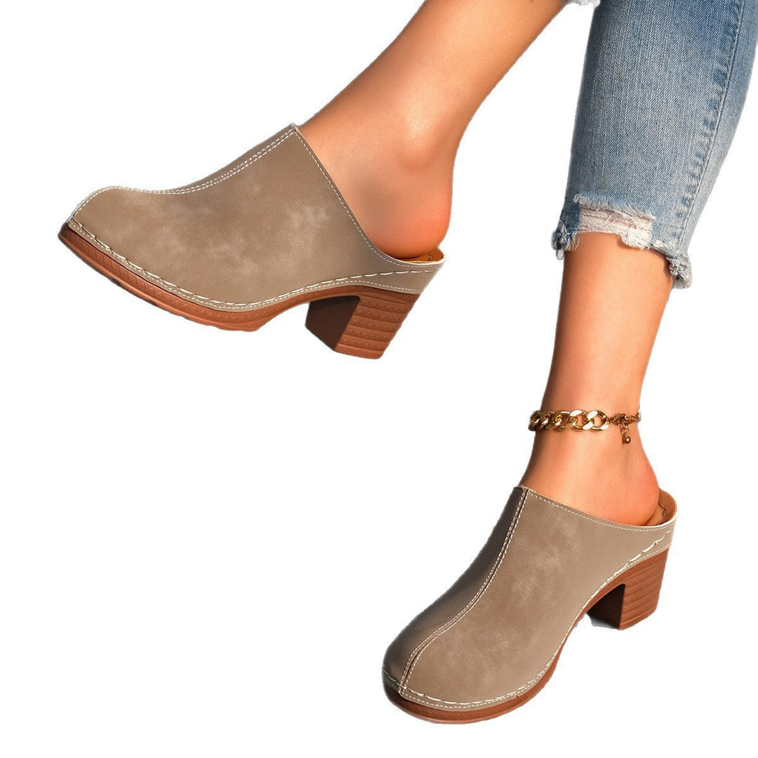 Women's Black Suede-Look Block Heel Mules with White Stitching