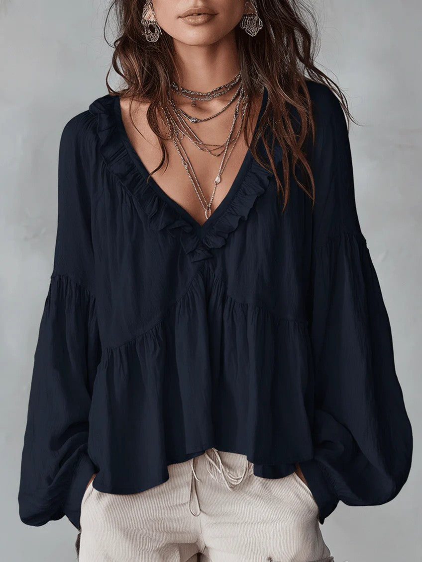 Women's Flowing Top with Ruching and V-Neck – Casual Elegant Blouse