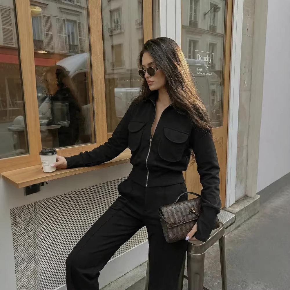 Women's Warm Tracksuit – Comfortable Two-Piece Set with Pockets and High Collar