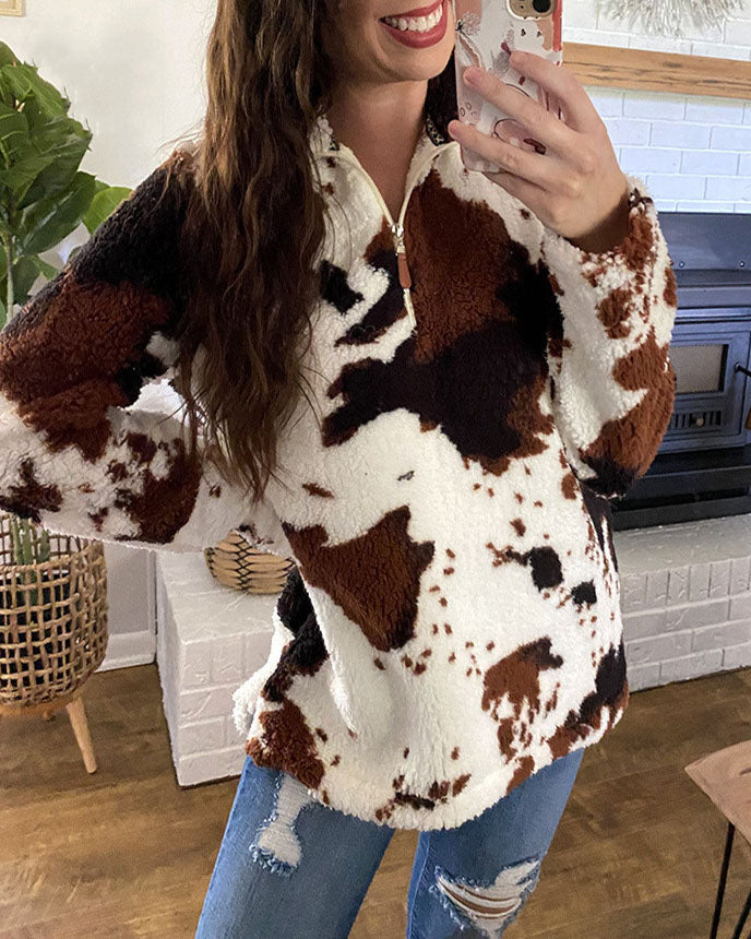 Sudadera de borreguillo para mujer con estampado de vaca y cremallera de un cuarto