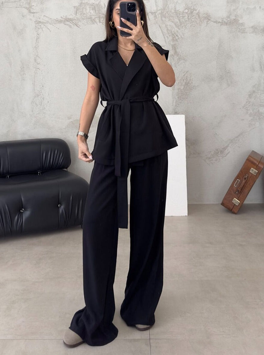 Damen Set aus Baumwollmix mit Gürtel und weiten Beinen – Sommerlich legerer Look