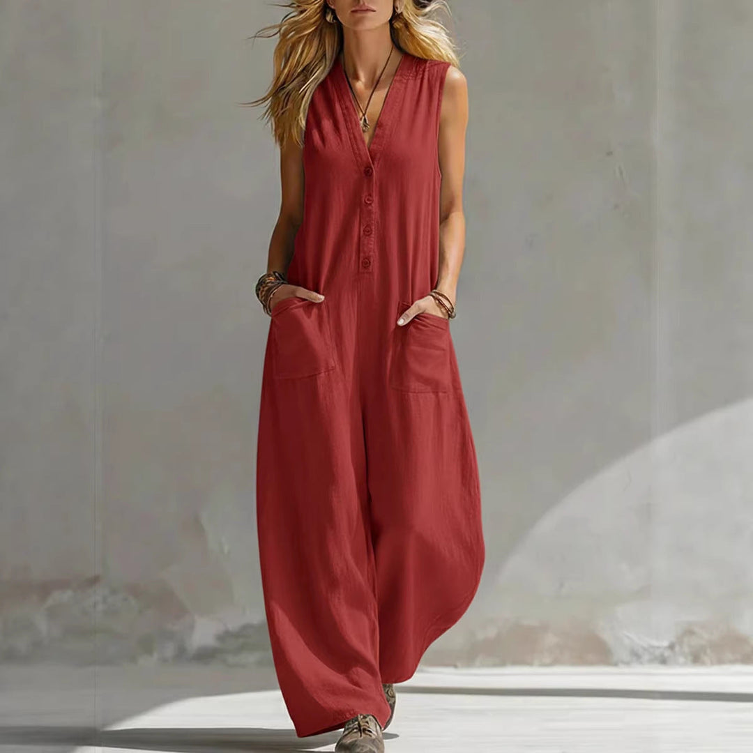 Women's Sleeveless V-Neck Jumpsuit – Wide Leg with Pockets