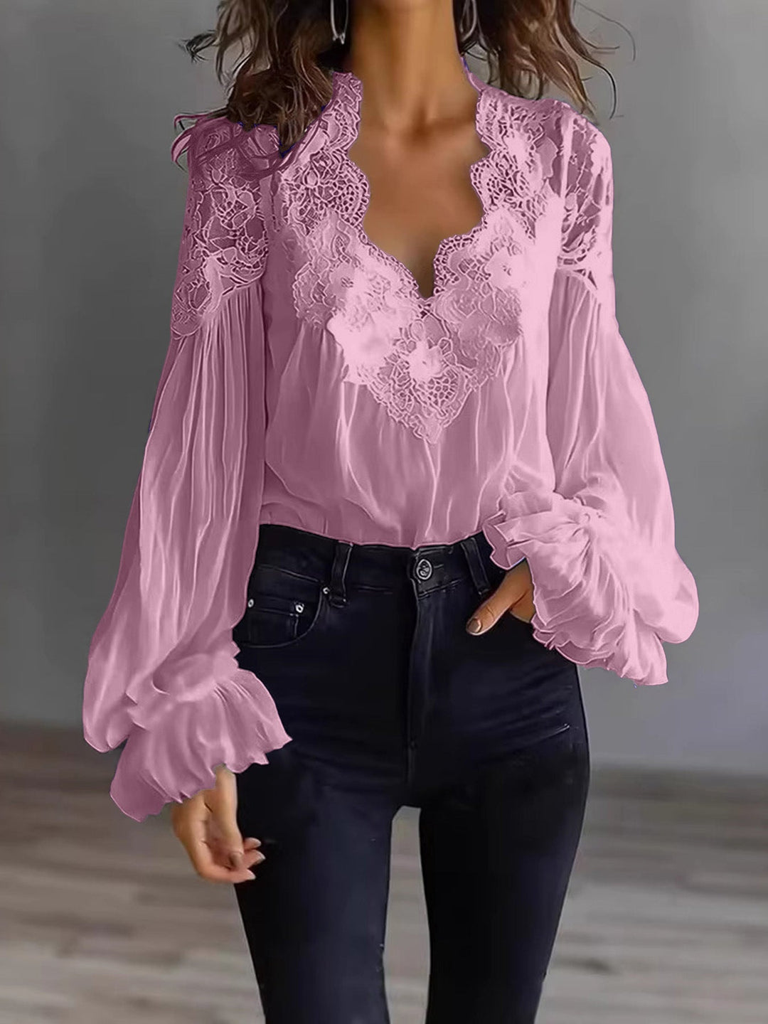Blusa para mujer con mangas largas abullonadas y encaje – Elegante top vintage