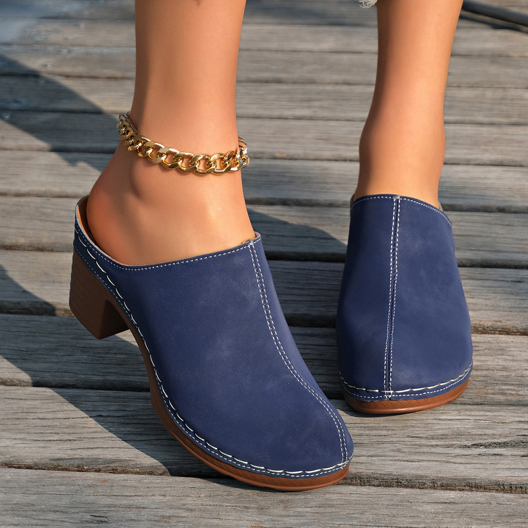 Women's Black Suede-Look Block Heel Mules with White Stitching