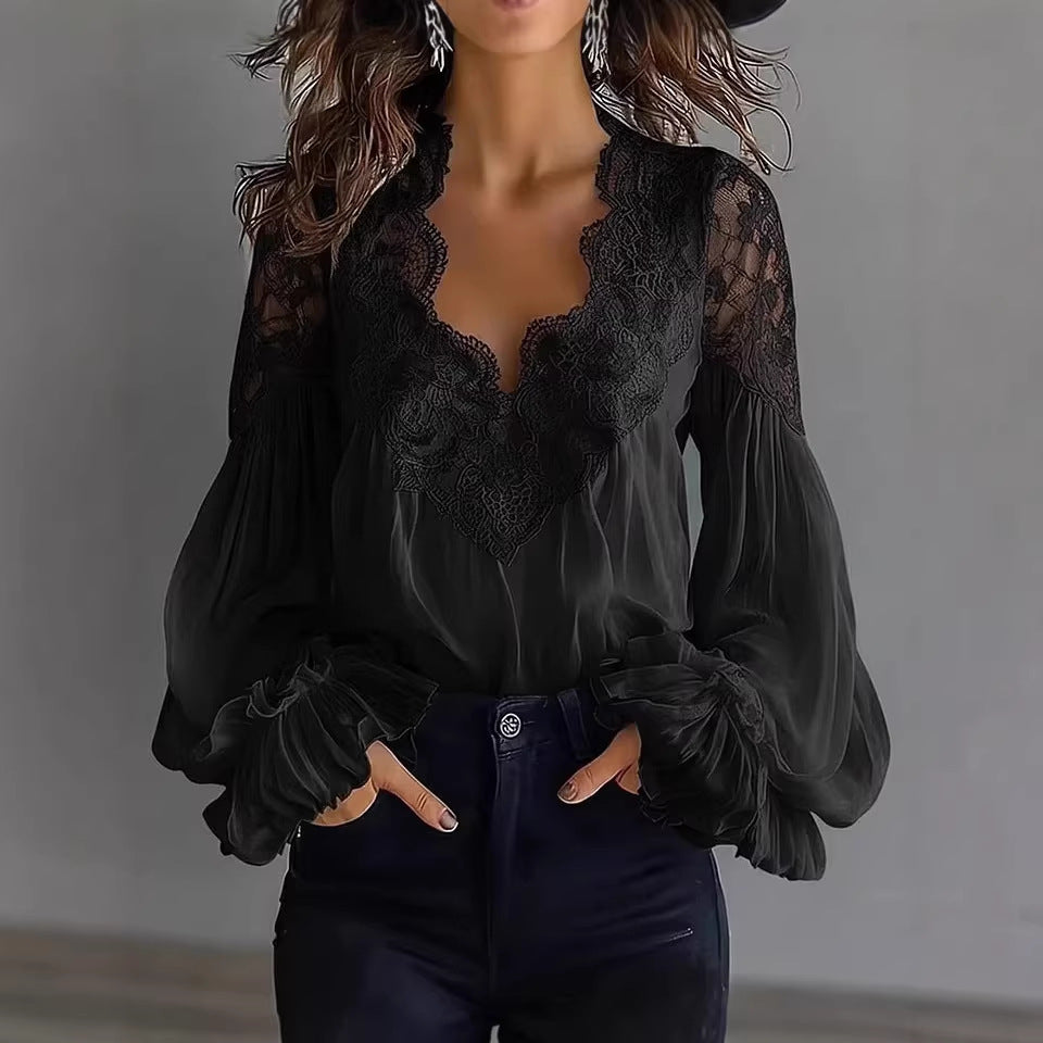 Blusa para mujer con mangas largas abullonadas y encaje – Elegante top vintage