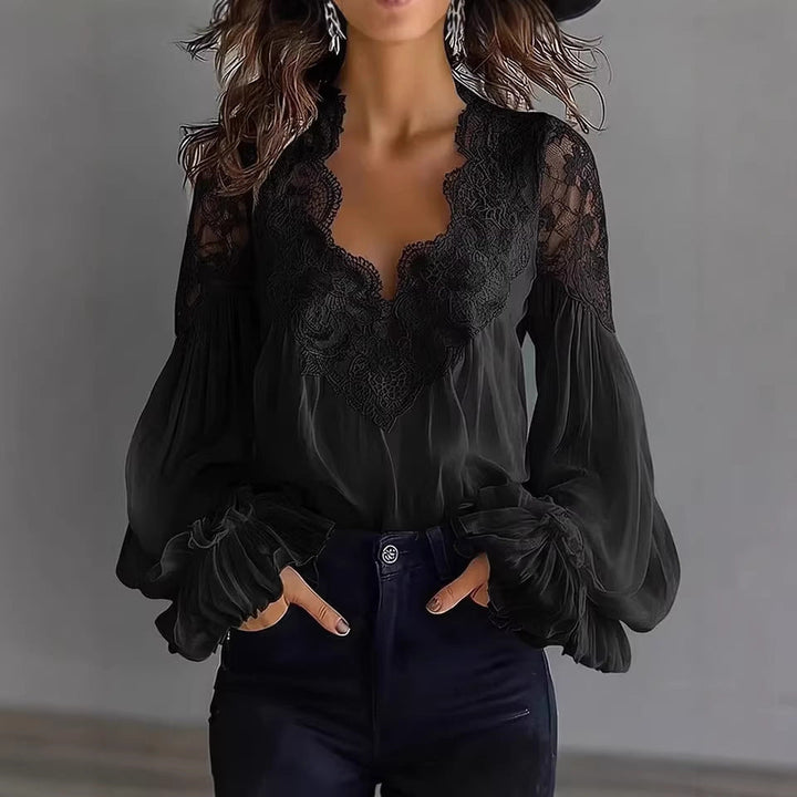 Blusa para mujer con mangas largas abullonadas y encaje – Elegante top vintage