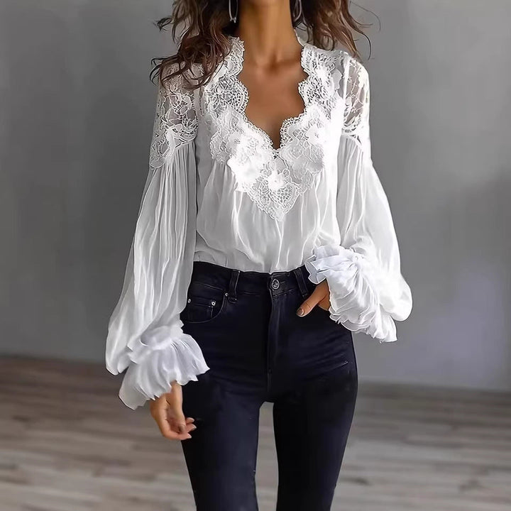 Blusa para mujer con mangas largas abullonadas y encaje – Elegante top vintage