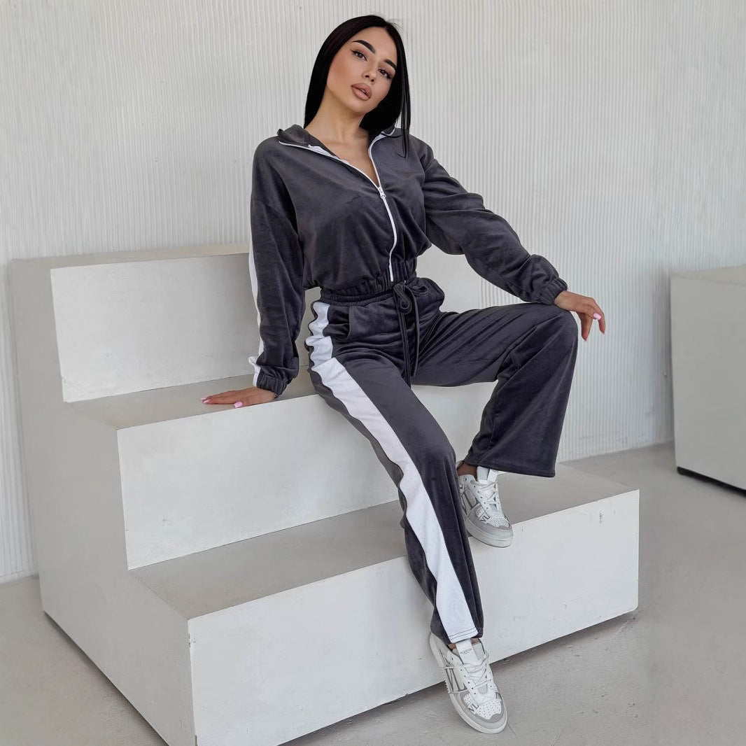 Damen Samt Trainingsanzug Mit Reißverschluss Und Seitenstreifen – Luxus Lounge Set