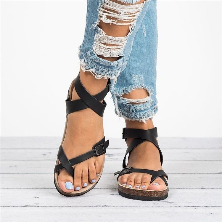 Women's Open Leather Sandals With Crossed Straps – Elegant Comfort Fit