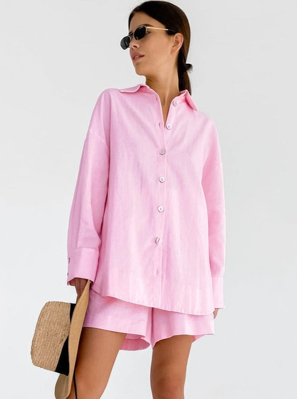 Ensemble en coton pour femmes avec blouse oversize et pantalon décontracté