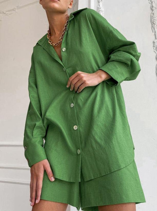 Ensemble en coton pour femmes avec blouse oversize et pantalon décontracté