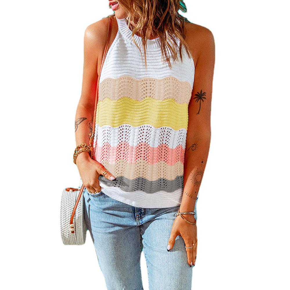 Top tricoté sans manches pour femme – Débardeur d'été à motif ondulé coloré