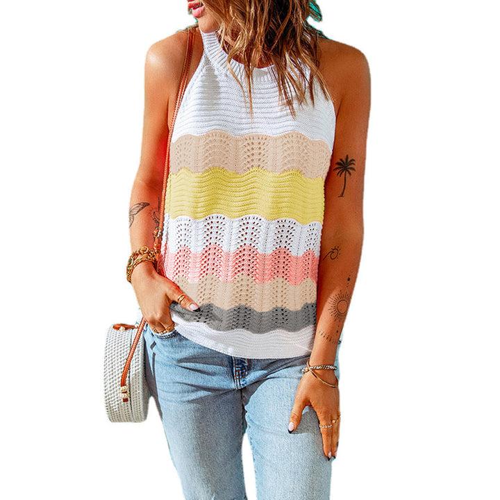 Top tricoté sans manches pour femme – Débardeur d'été à motif ondulé coloré