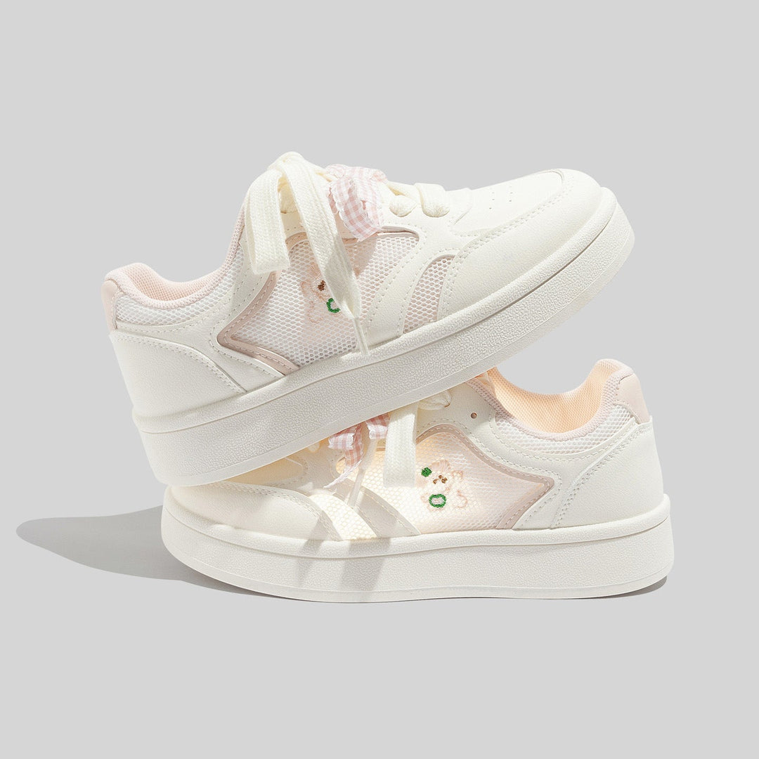 Zapatillas de malla blancas transpirables para mujer con cordones