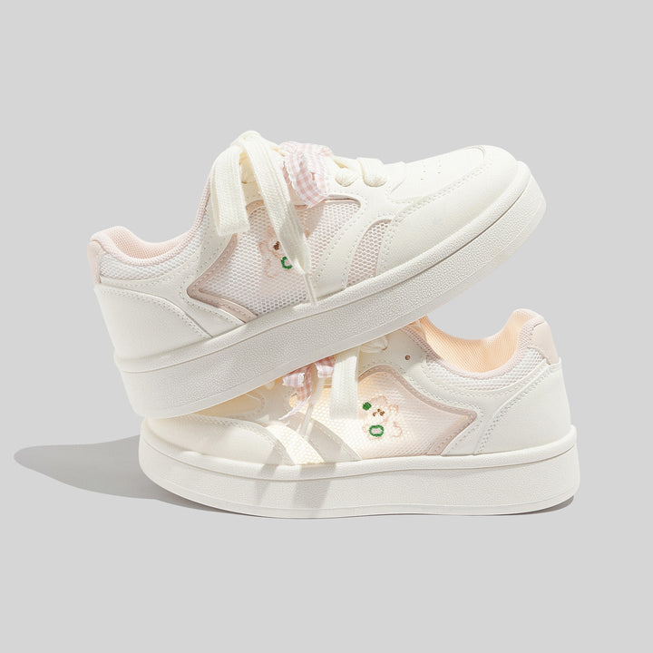 Zapatillas de malla blancas transpirables para mujer con cordones
