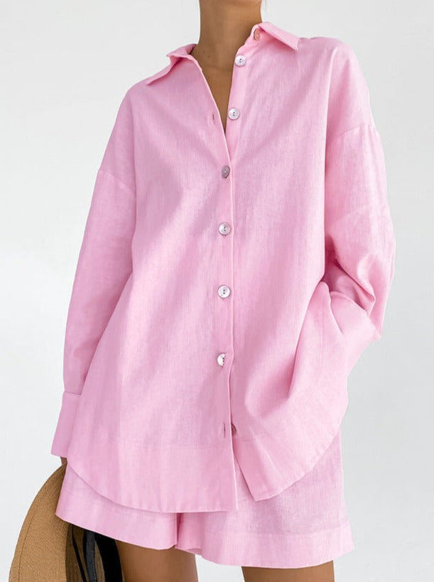 Ensemble en coton pour femmes avec blouse oversize et pantalon décontracté
