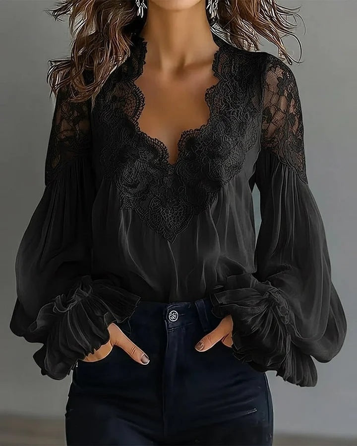 Blusa para mujer con mangas largas abullonadas y encaje – Elegante top vintage