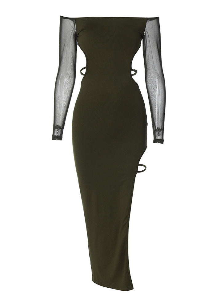 Robe femme avec décolleté épaule dénudée et élégantes volants