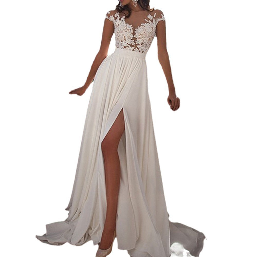 Damen Elegantes Spitzen-Oberteil Hochzeitskleid Mit Fließendem Rock – Brautkleid
