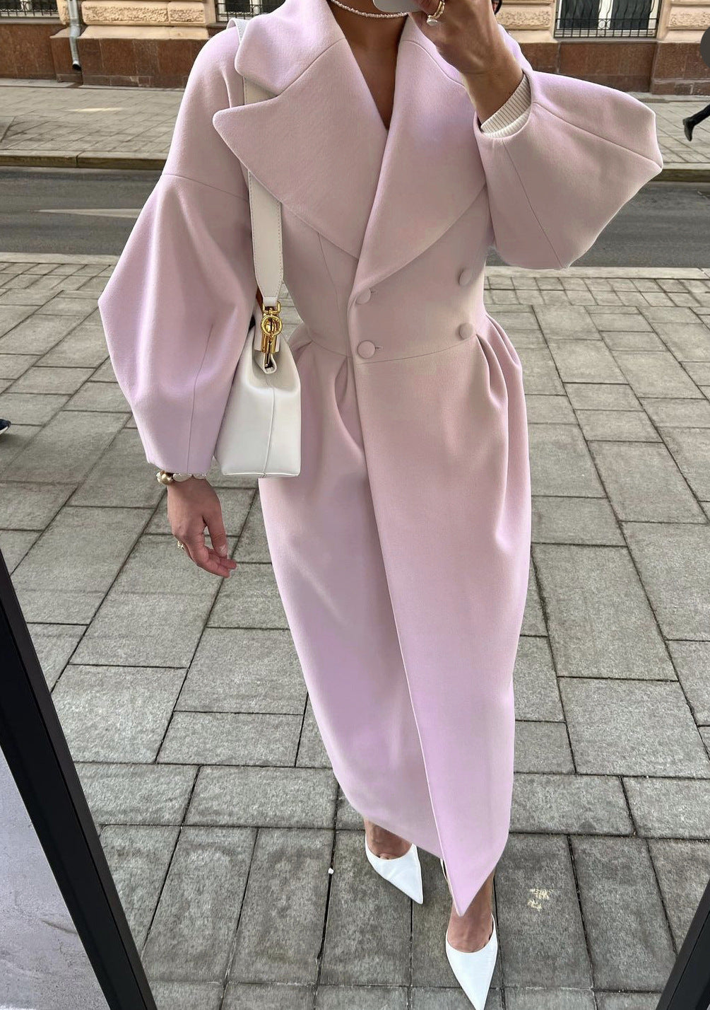 Elegant long women's trench coat – lapel collar & lantern sleeves – modern