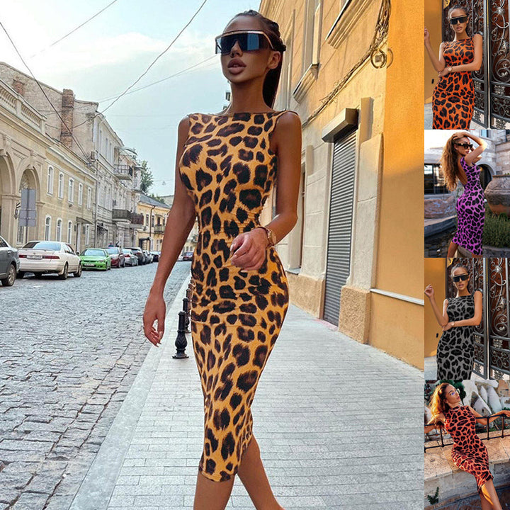 Women's Fitted Leopard Print Dress – Sleeveless Trendy Party Dress