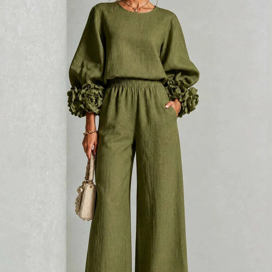 Damen Set Zweiteilig Weites Bein Mit Blumen Manschette