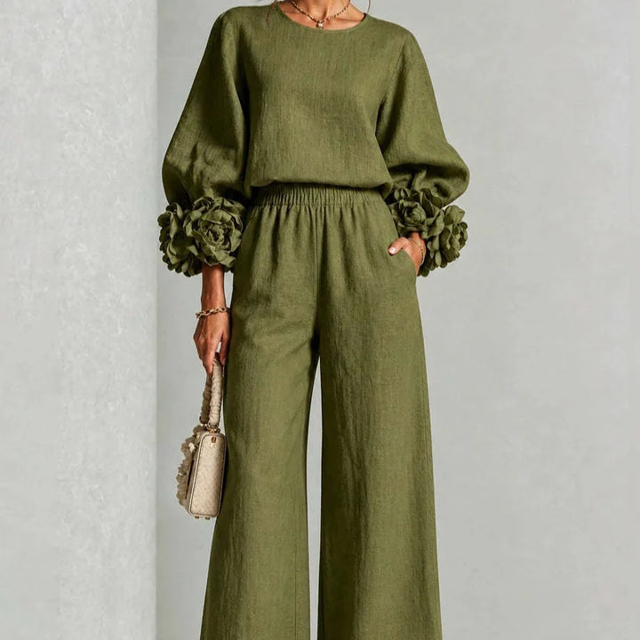 Damen Set Zweiteilig Weites Bein Mit Blumen Manschette