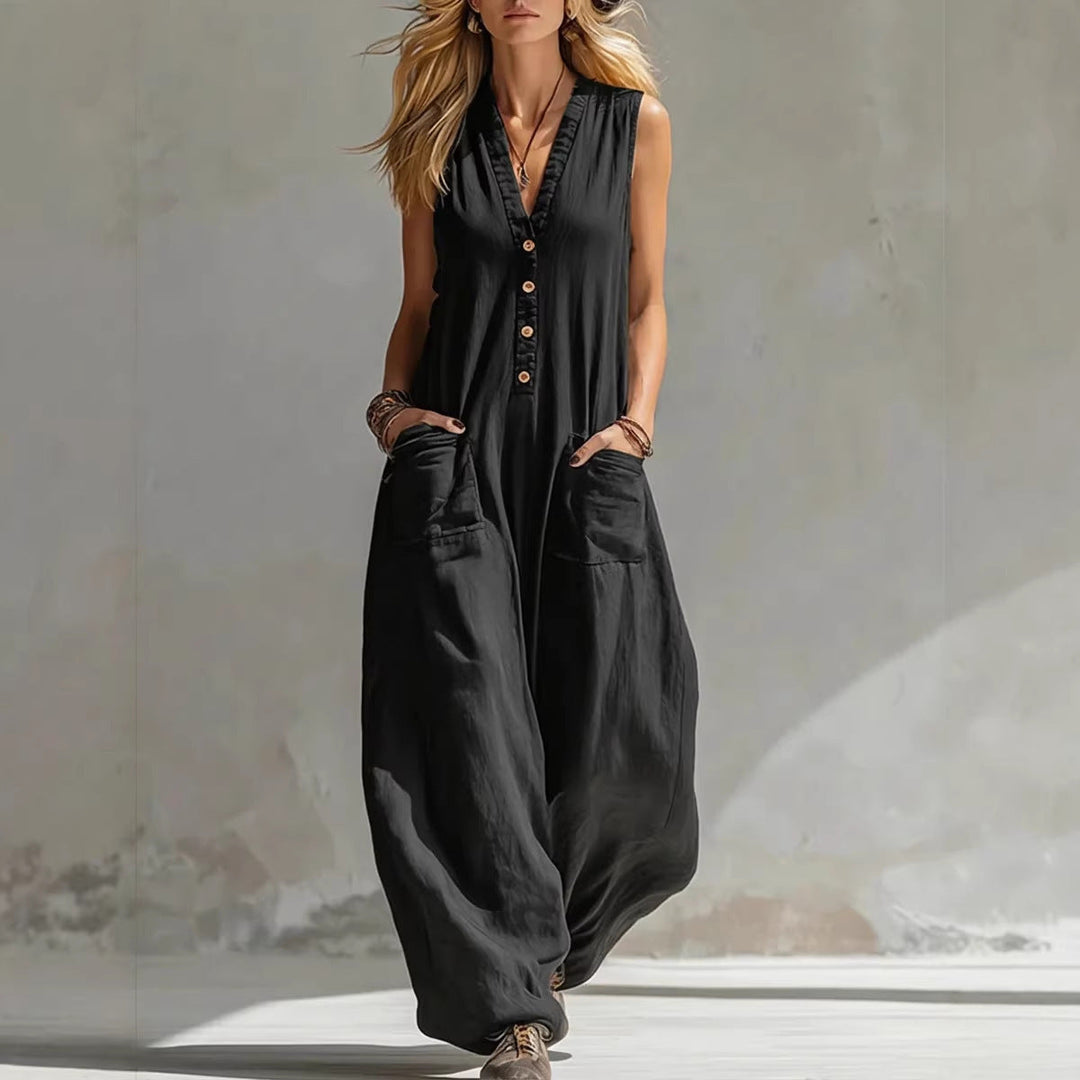 Women's Sleeveless V-Neck Jumpsuit – Wide Leg with Pockets