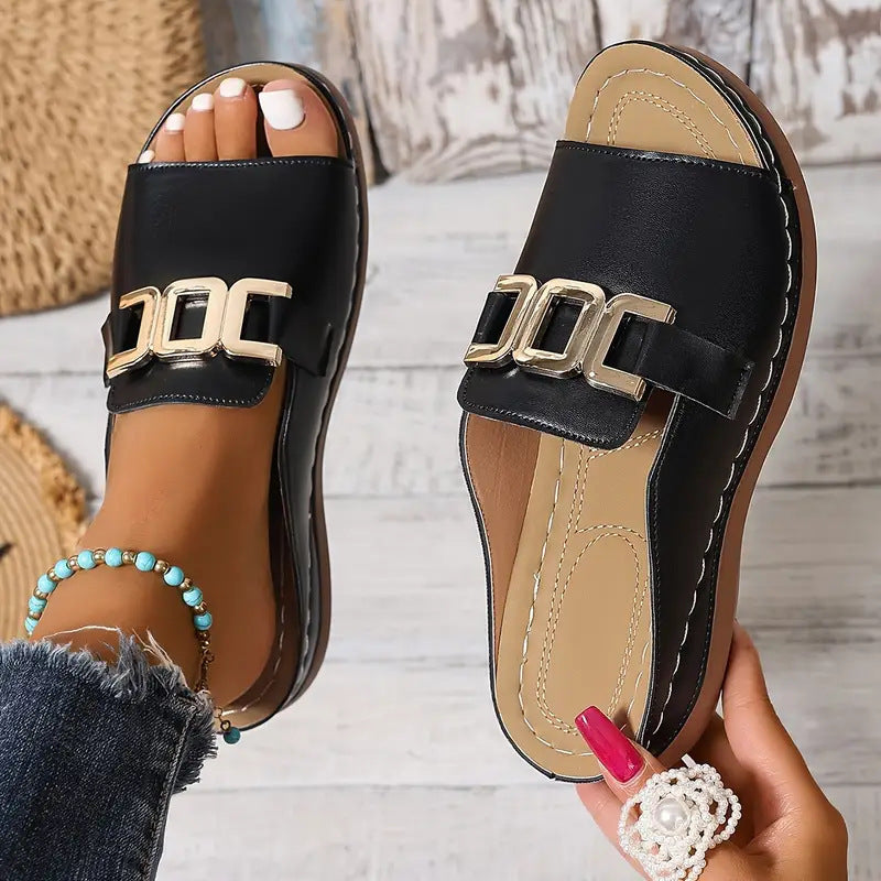 Women's Slip-On Wedge Sandals with Buckle – Comfortable Platform Shoes