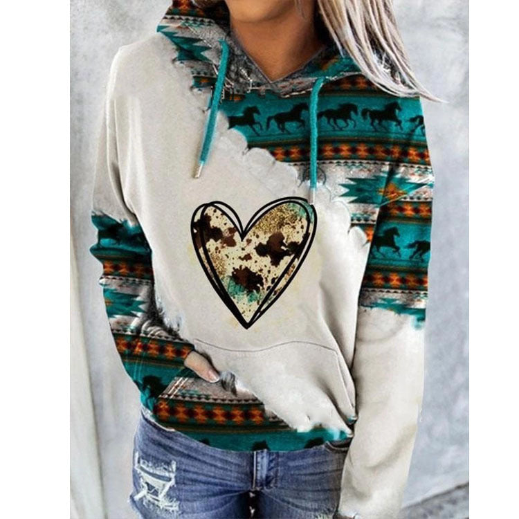 Damen Hoodie mit geometrischem Druck, Kordelzug und Kängurutasche