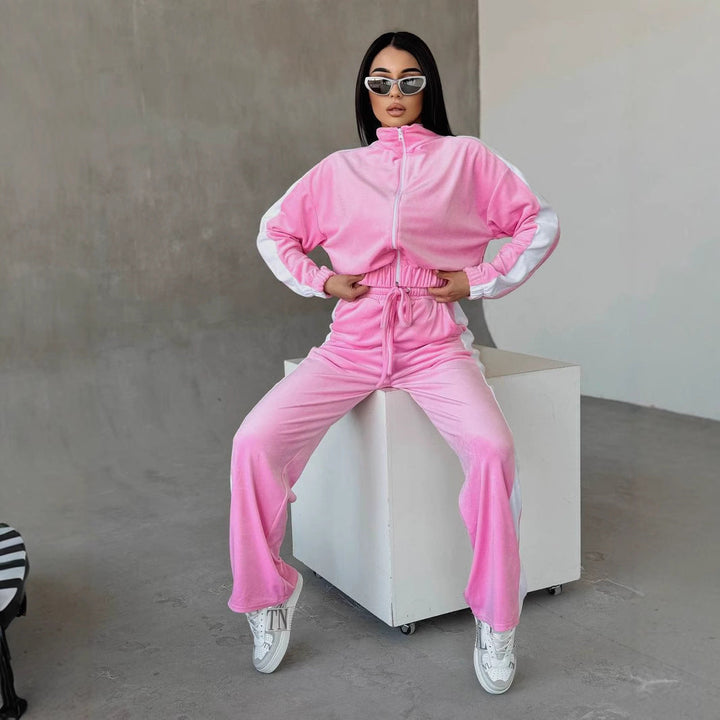 Damen Samt Trainingsanzug Mit Reißverschluss Und Seitenstreifen – Luxus Lounge Set
