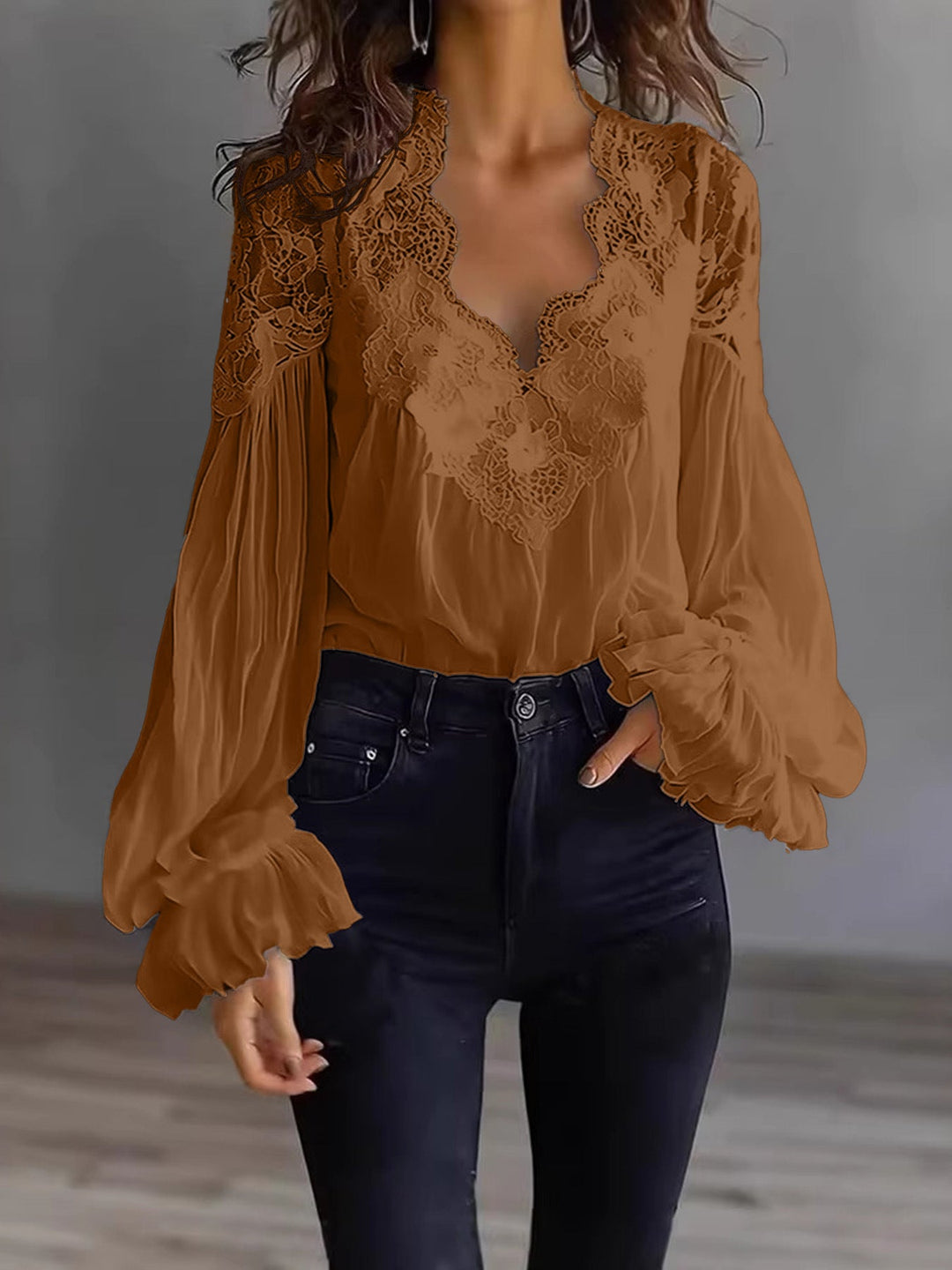 Blusa para mujer con mangas largas abullonadas y encaje – Elegante top vintage