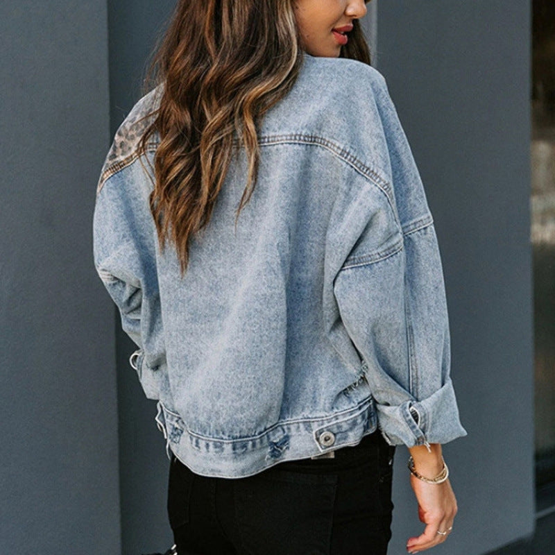 Women's Casual Denim Jacket – Fashionable Animal Print Patch Jacket