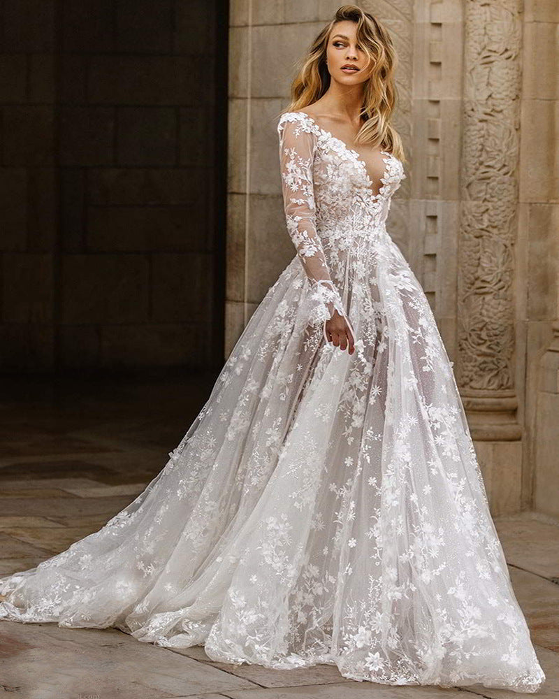 Vestido de novia elegante para mujer con escote en V profundo y aplicaciones de encaje floral – Vestido de novia romántico