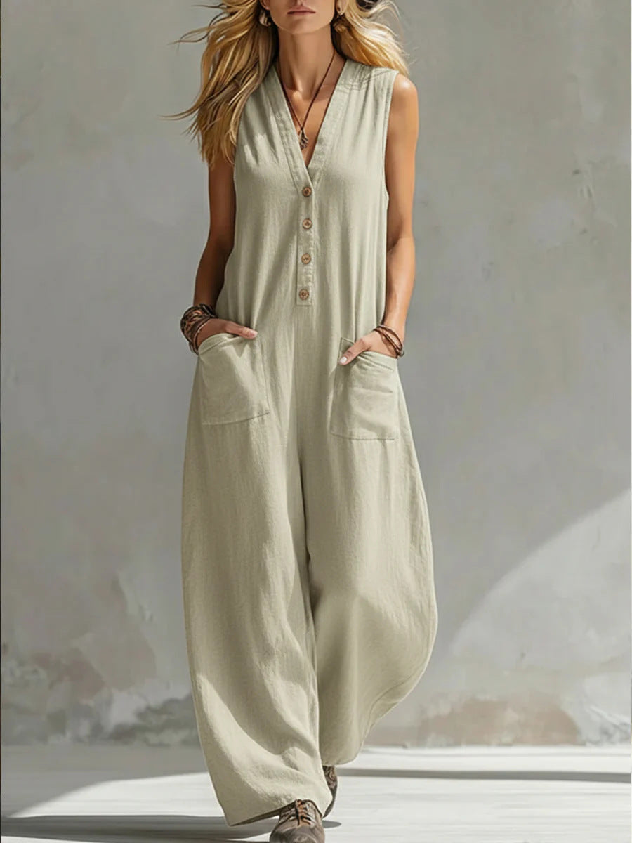 Women's Sleeveless V-Neck Jumpsuit – Wide Leg with Pockets