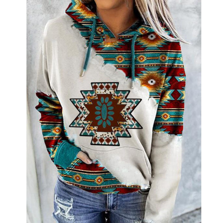 Damen Hoodie mit geometrischem Druck, Kordelzug und Kängurutasche