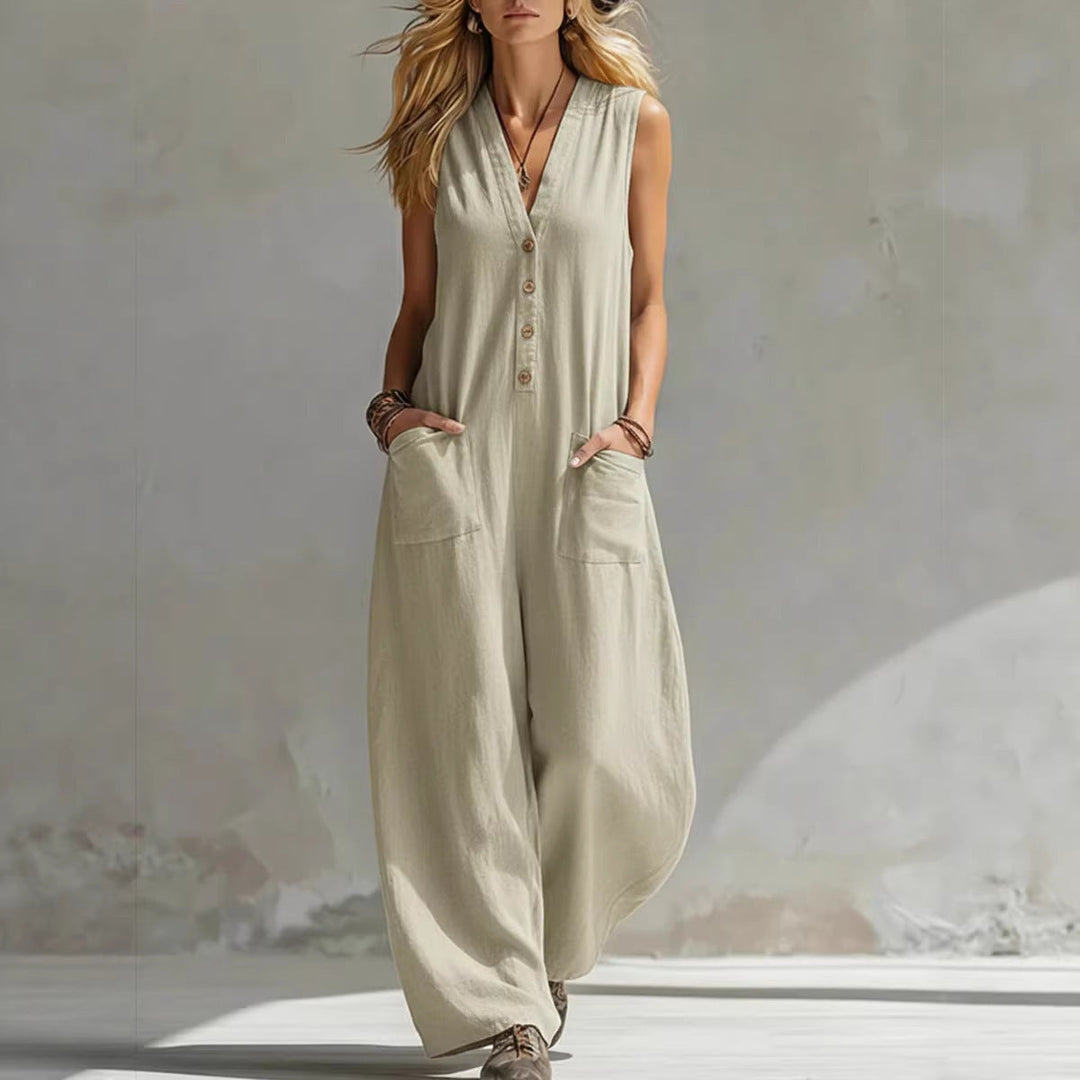 Women's Sleeveless V-Neck Jumpsuit – Wide Leg with Pockets