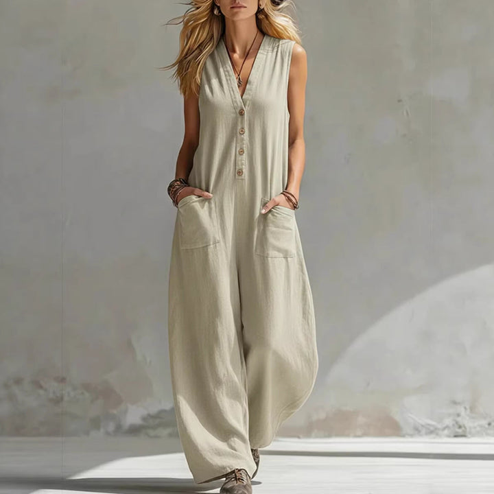 Women's Sleeveless V-Neck Jumpsuit – Wide Leg with Pockets