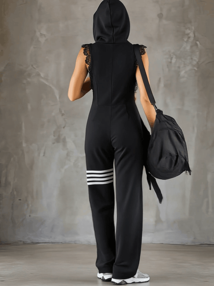Women's Sleeveless Long Jumpsuit - Hoodie Striped Casual Outfit