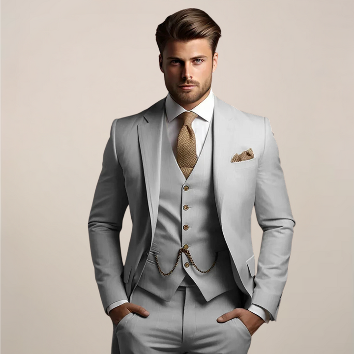 Optimized Title: Herren Grauer Slim Fit Dreiteiliger Anzug aus Strapazierfähigem Material für Hochzeiten 2