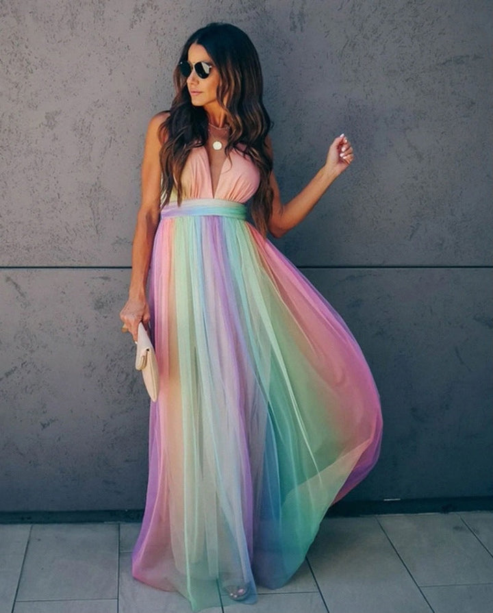 Regenbogen Spaghetti-Träger Damen Kleid | Mehrfarbig 2