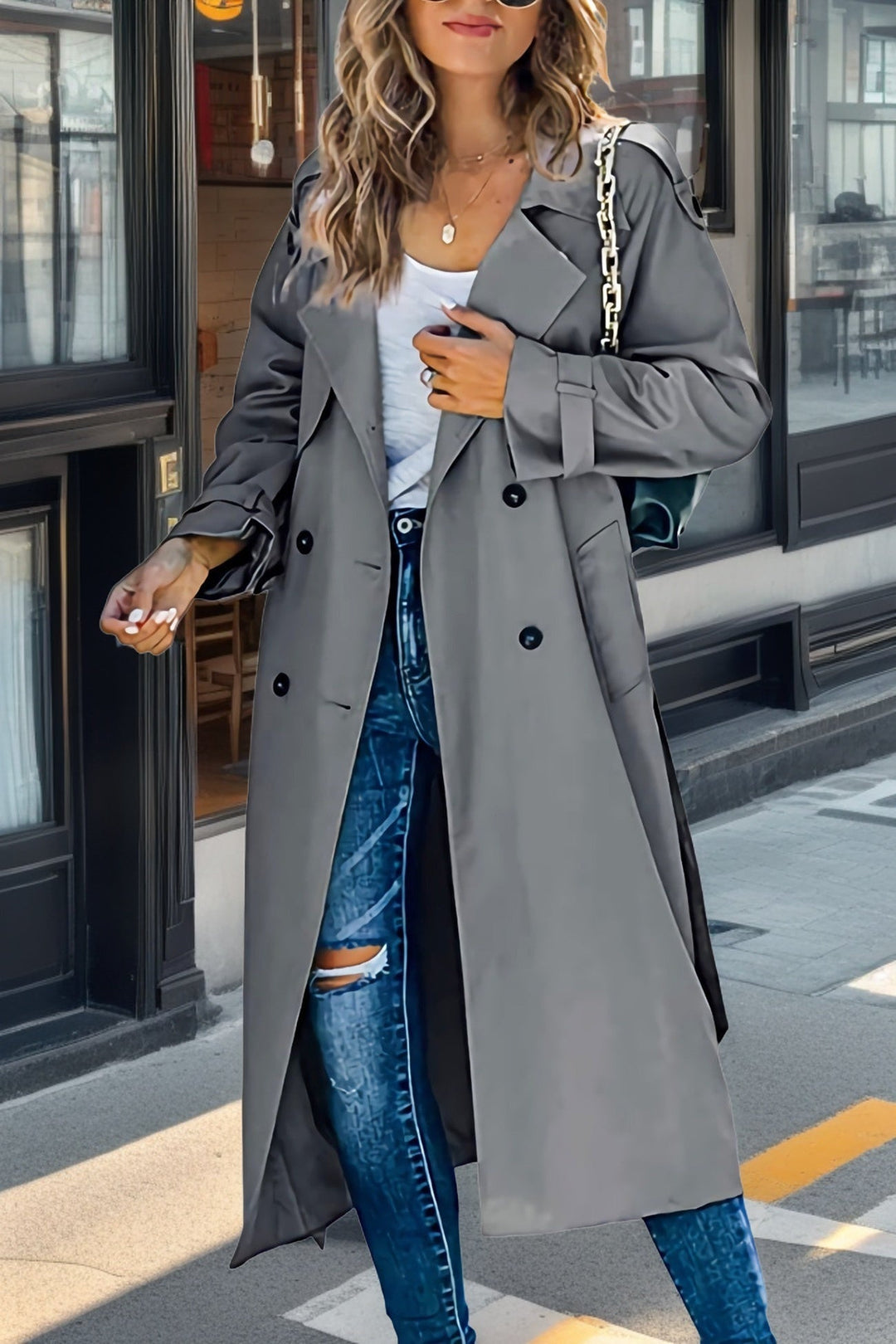 Long Women's Trench Coat – Double-Breasted, Fitted & Breathable – Elegant