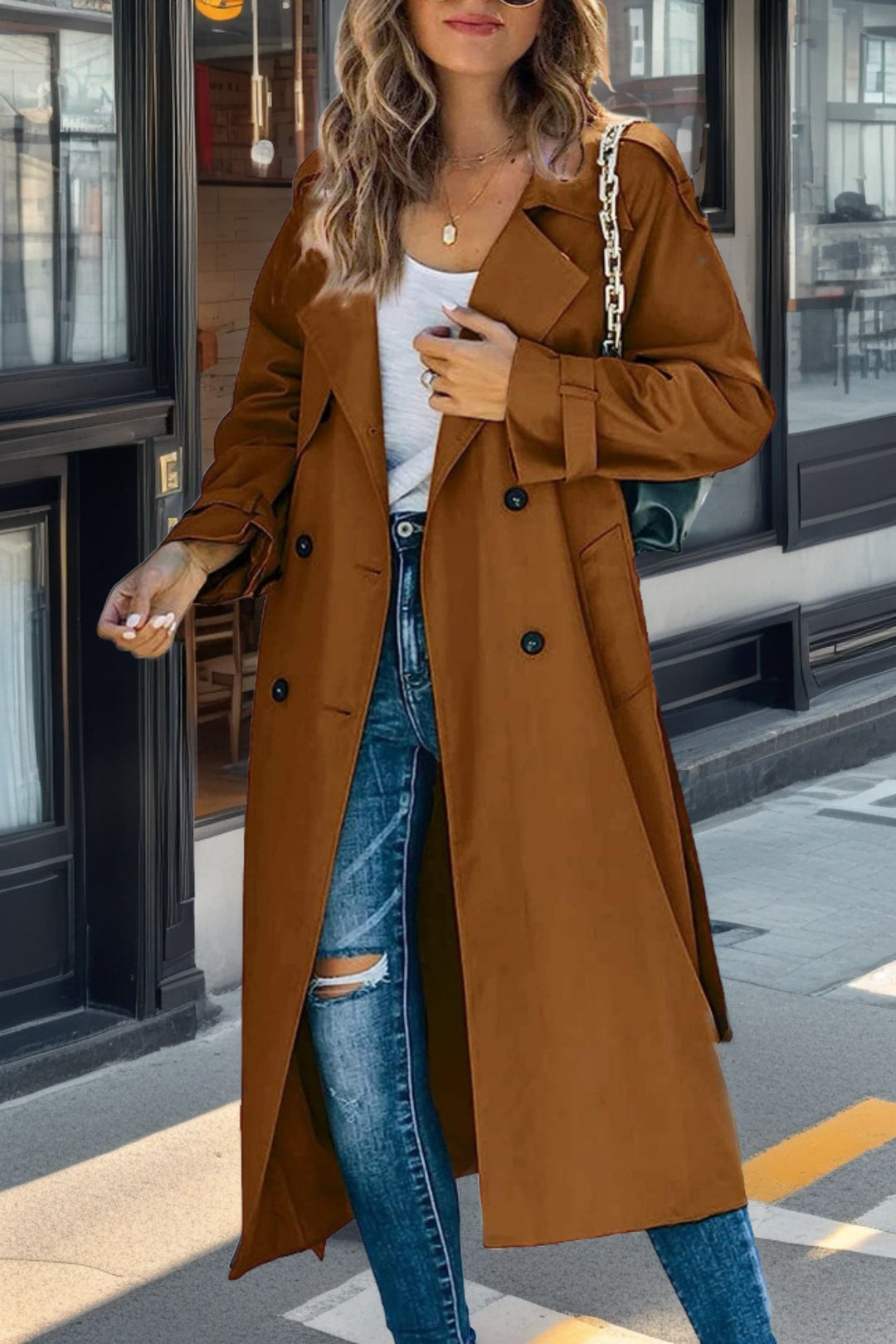 Long Women's Trench Coat – Double-Breasted, Fitted & Breathable – Elegant