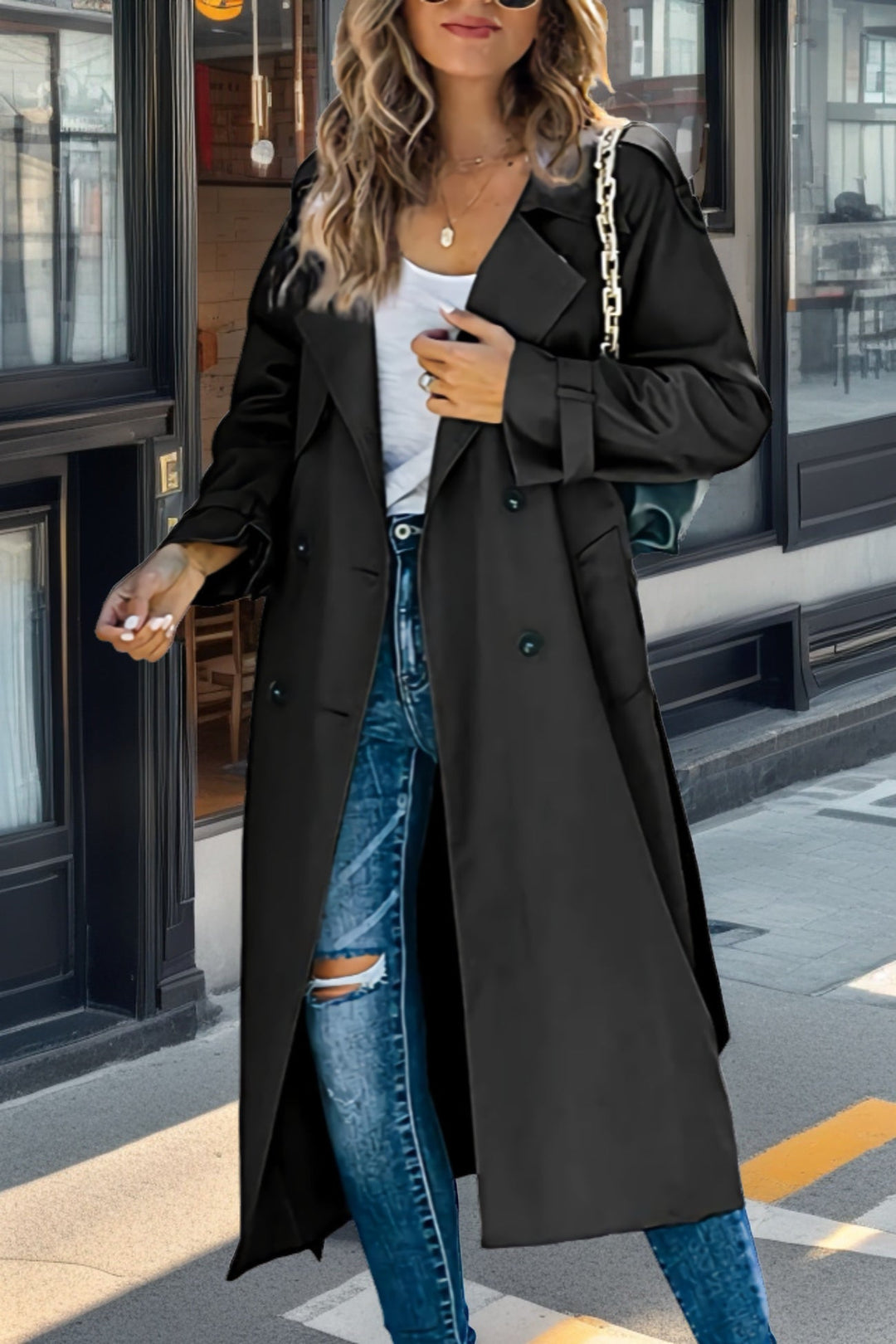 Long Women's Trench Coat – Double-Breasted, Fitted & Breathable – Elegant