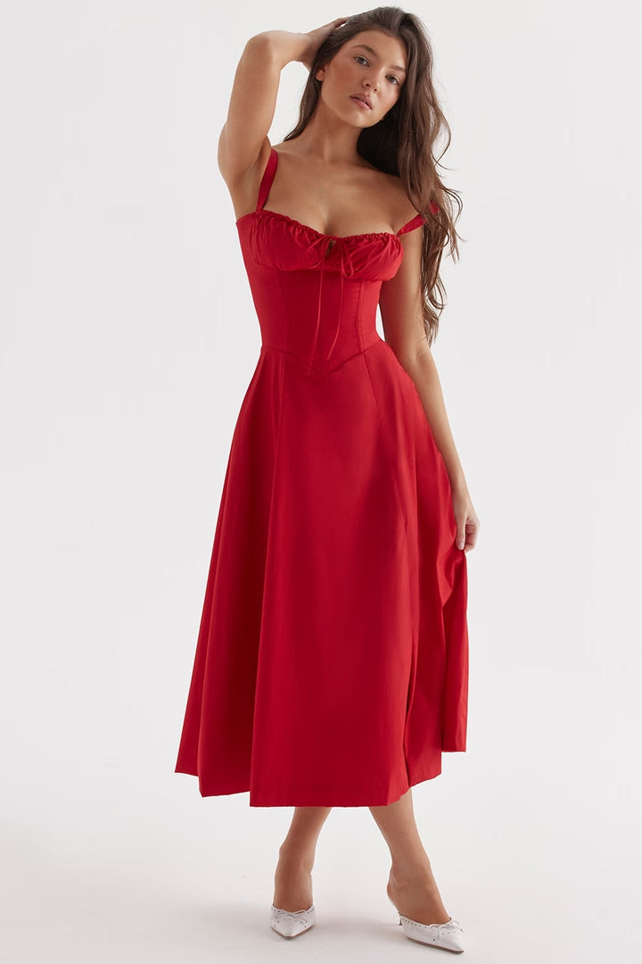Elegant sleeveless women's party dress with floral pattern, slit, and sweetheart neckline
