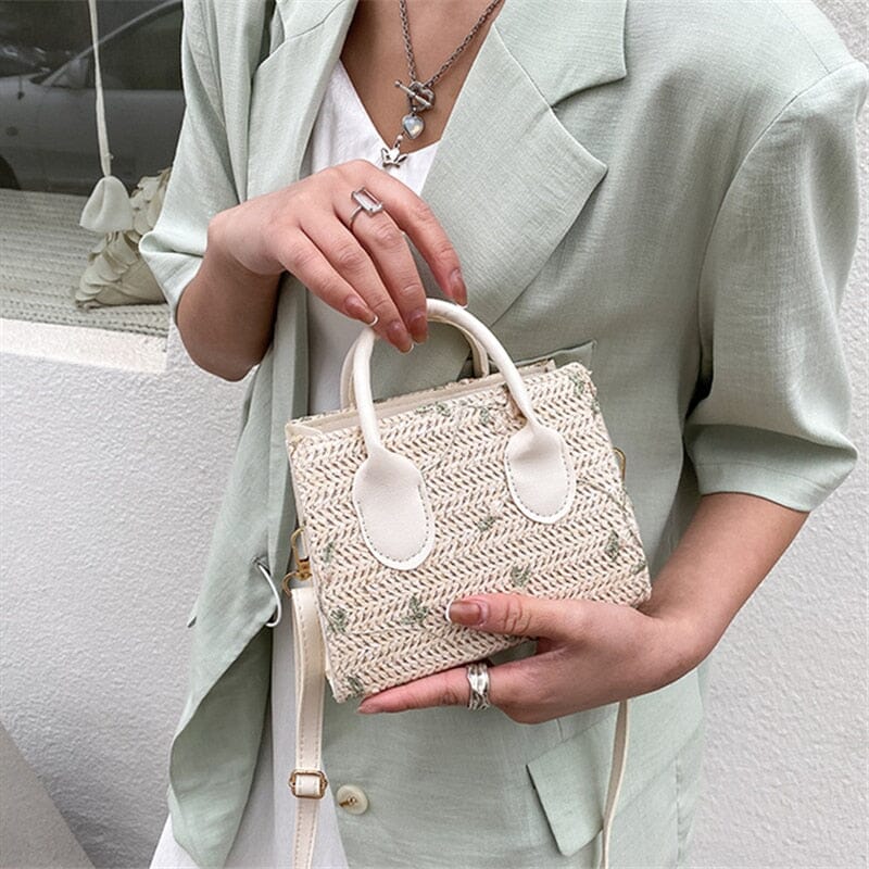 Sac en paille pour femmes – Sac à main tressé avec des accents floraux