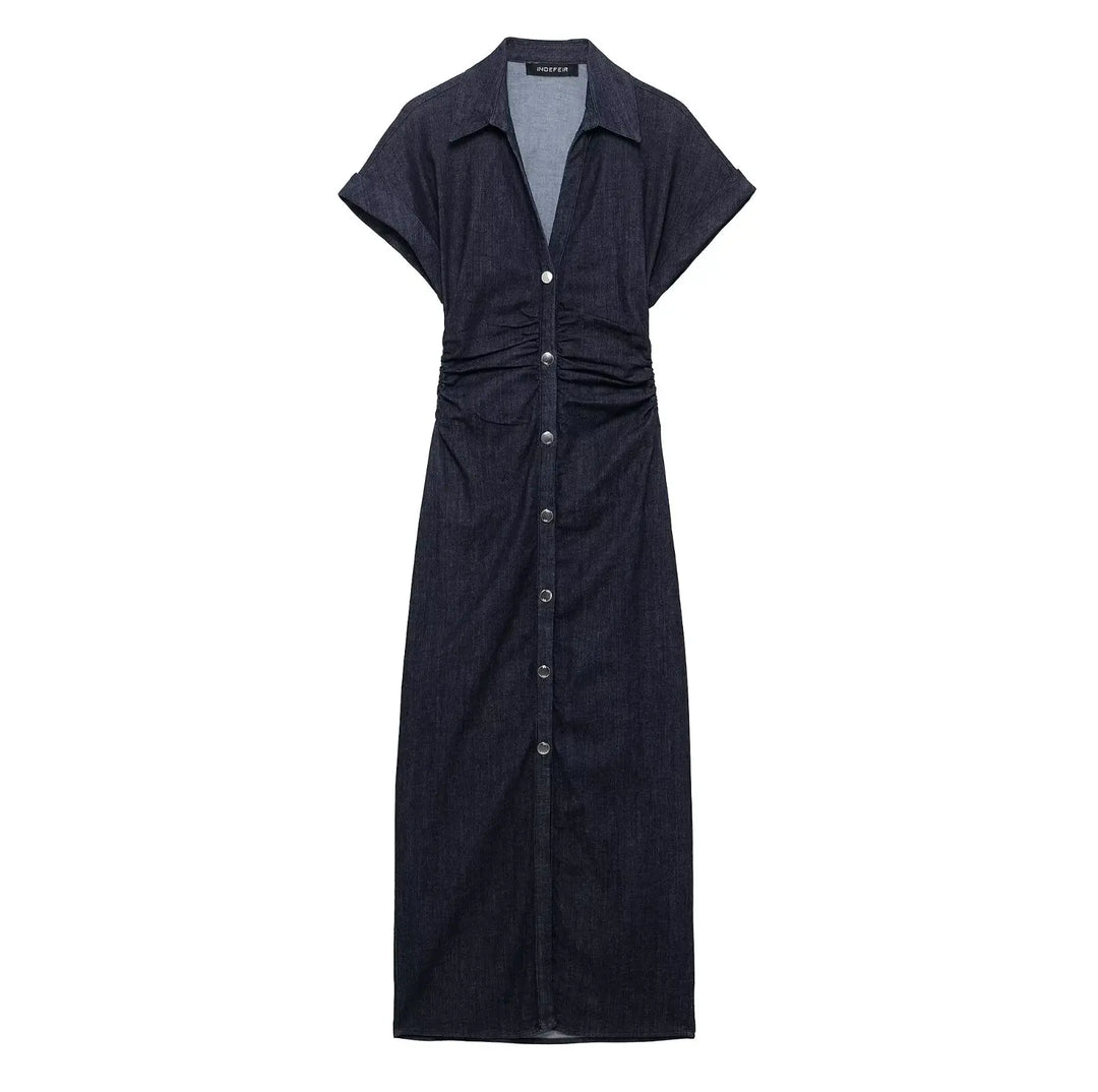 Robe midi pour femmes en denim avec patte de boutonnage et ceinture à la taille – robe d'été décontractée et chic