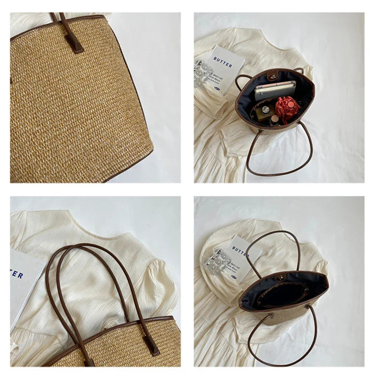 Straw bag women – Handmade beach bag with leather handles & zipper